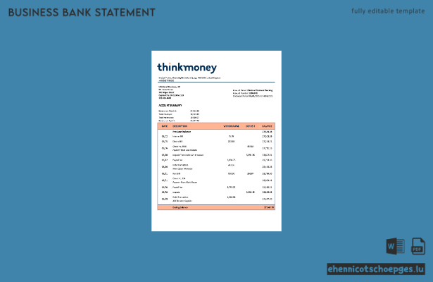 Vereinigtes Königreich – Think Money Firmenkontoauszug (Word- und PDF-Beispiel)